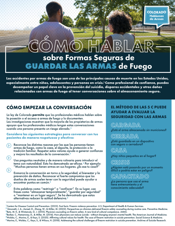 Two people talk outdoors in a park. Text explains how to discuss safe firearm storage, with tips for starting conversations and a chart on evaluating gun safety status, in Spanish. Decorative logos and blue highlights are included.