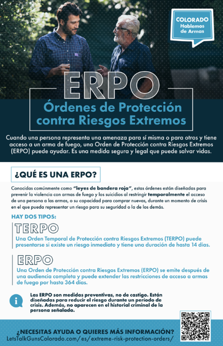 Informative flyer in Spanish about ERPO (Extreme Risk Protection Orders) in Colorado, describing what ERPO is, its types, and how it helps prevent gun violence for those at risk of harming themselves or others. Blue and white text, official logos.