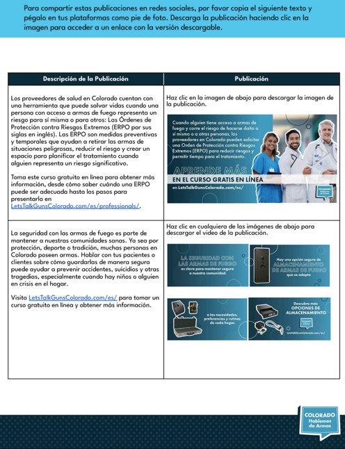 A Spanish-language informational flyer about sharing social media posts, featuring a table comparing descriptions with corresponding publications. Instructions and the Colorado Department of Labor and Employment logo appear at the bottom.