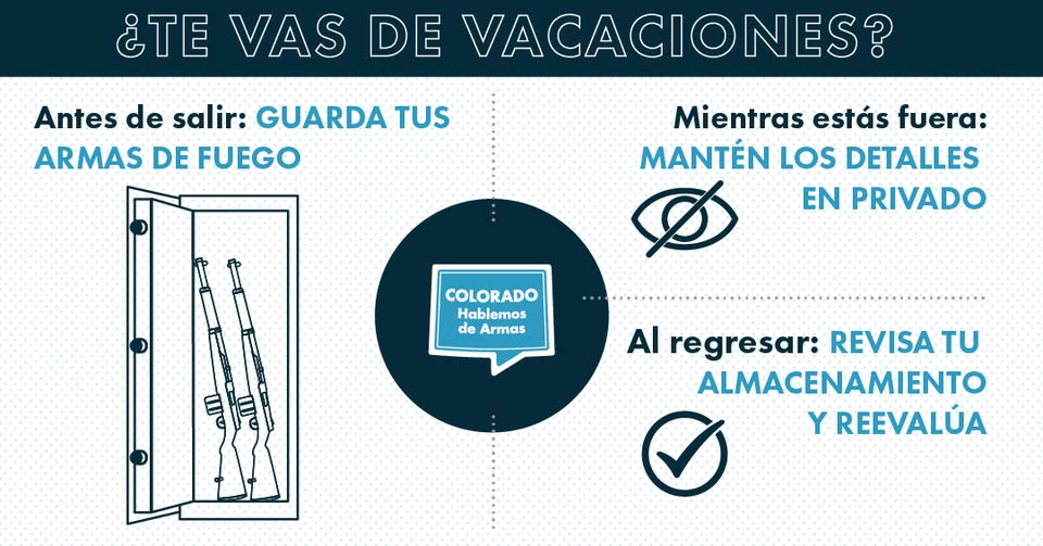Infografía en español sobre la seguridad de las armas de fuego cuando se va de vacaciones, con consejos: guardar las armas antes de salir, mantener los detalles en privado mientras se está fuera y revisar el almacenamiento después de regresar; incluye iconos relacionados y un diagrama de una caja fuerte para armas.