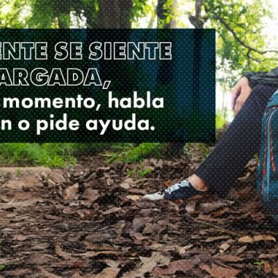 Una persona sentada en el suelo en una zona boscosa con una mochila a su lado. Un texto en español anima a buscar ayuda si uno se siente abrumado. Un pequeño cartel azul dice Colorado Hablemos de Armas.