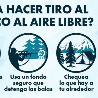 Infografía con consejos para tiro al blanco al aire libre: revisar leyes locales, usar fondo seguro, chequear alrededores y limpiar al terminar. Iconos ilustran cada consejo. Título grande y logo de Colorado Hablemos de Armas.