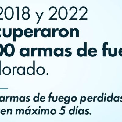 Infografía en español que señala que entre 2018 y 2022 se recuperaron 32,600 armas de fuego en Colorado. Insta a denunciar la pérdida o robo de armas de fuego en un plazo de 5 días. El logo dice Colorado Hablemos de Armas.