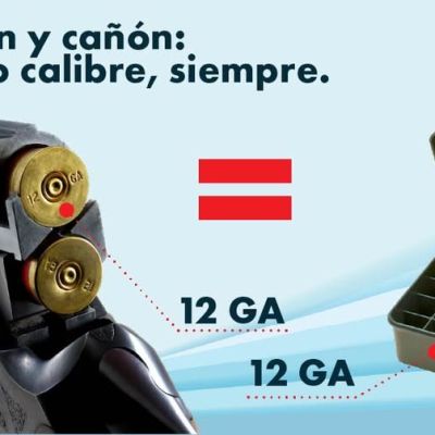 Primer plano de una escopeta cargada con cartuchos del calibre 12 junto a una caja que contiene más cartuchos del calibre 12. El texto destaca la correspondencia entre la munición y el calibre del cañón. El texto destaca la coincidencia de munición y calibre del cañón, con un signo igual en rojo entre las imágenes.