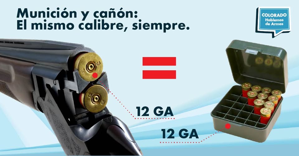 Primer plano de una escopeta cargada con cartuchos del calibre 12 junto a una caja que contiene más cartuchos del calibre 12. El texto destaca la correspondencia entre la munición y el calibre del cañón. El texto destaca la coincidencia de munición y calibre del cañón, con un signo igual en rojo entre las imágenes.