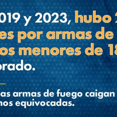 Spanish-language graphic with text: Entre 2019 y 2023, hubo 252 muertes por armas de fuego en niños menores de 18 años en Colorado. Evita que las armas de fuego caigan en las manos equivocadas.