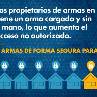 Infografía en español que dice que el 30% de los propietarios de armas en Colorado tiene un arma cargada y sin seguro a la mano; incluye casas con íconos de armas y candados, y enfatiza guardar armas de forma segura.