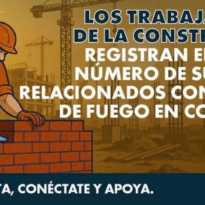 Illustration of a construction worker laying bricks, with a message in Spanish warning that construction workers have the highest number of firearm-related suicides in Colorado. Includes a helpline for support.