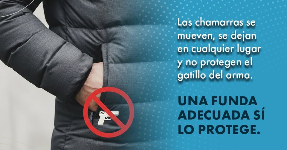 A person wearing a black jacket hides a gun in their pocket. A red no symbol covers the gun. Spanish text says jackets can shift and dont protect the trigger; a proper holster does.