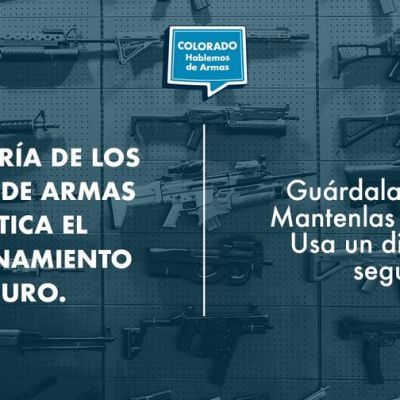 A wall displaying various firearms with a message in Spanish: “La mayoría de los dueños de armas practica el almacenamiento seguro. Guárdalas bajo llave. Manténlas descargadas. Usa un dispositivo de seguridad.”.