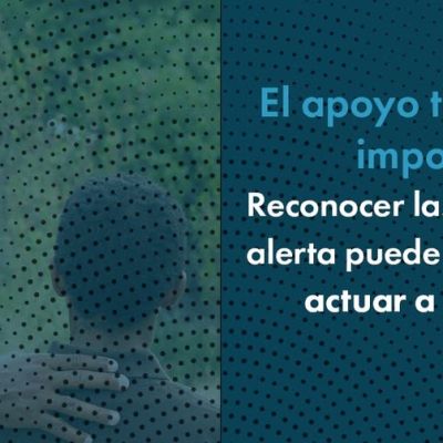 A man rests his hand on a childs shoulder. Overlaid text in Spanish reads: El apoyo temprano importa. Reconocer las señales de alerta puede ayudarte a actuar a tiempo. A Colorado safety campaign logo appears in the corner.