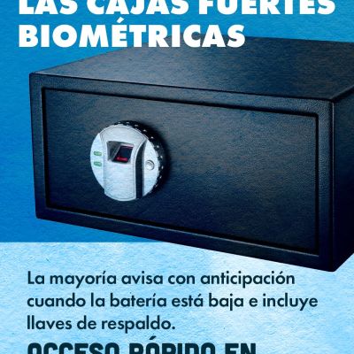 Una caja fuerte biométrica negra con lector de huellas dactilares, en la que figura el título en español La verdad sobre las cajas fuertes biométricas y un texto explicativo que destaca las alertas de batería baja, las llaves de emergencia y el acceso rápido.