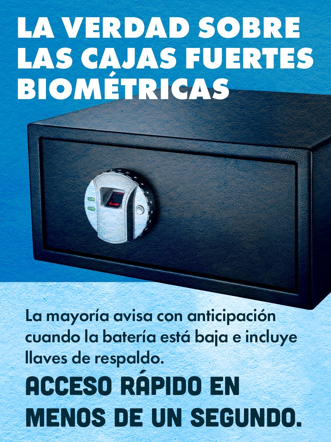 Una caja fuerte biométrica negra con lector de huellas dactilares, en la que figura el título en español La verdad sobre las cajas fuertes biométricas y un texto explicativo que destaca las alertas de batería baja, las llaves de emergencia y el acceso rápido.