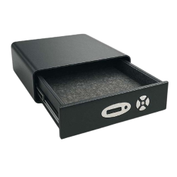 A black metal drawer with a gray felt-lined interior, partially open, featuring two silver control symbols on the front panel. The background is plain white.