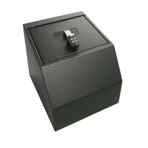 A black, angled cash drop safe with a digital combination lock and a rectangular lid, set against a plain white background.
