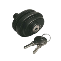 A black gun trigger lock with two silver keys on a keyring, placed on a plain white background.