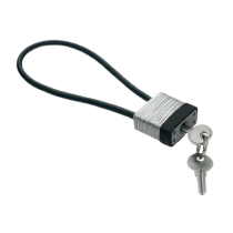 A small silver padlock with a flexible black cable instead of a solid shackle, shown unlocked with two silver keys attached to the lock.