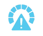 Icono azul del velocímetro con una señal de advertencia triangular y un signo de exclamación en el centro, que indica una precaución o alerta relacionada con la velocidad o el rendimiento.